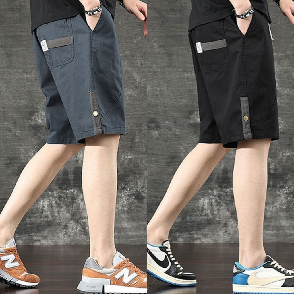 กางเกงขาสั้นผู้ชาย ผู้ชาย ทรงหลวม เอวยางยืด ไซส์ใหญ่ สไตล์มินิมอล ผ้าใส่สบาย กระเป๋าล้วง ใส่ชิล