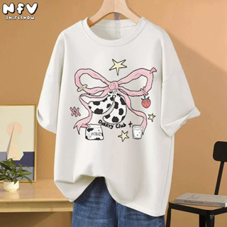 NFV พร้อมส่ง✨ลวดลายดอกไม้ผูกด้วยผีเสื้อ เสื้อยืดทรงหลวมสำหรั…