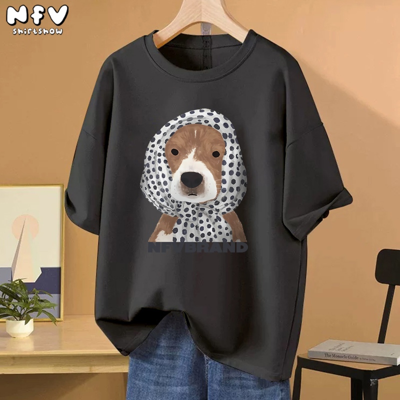 [จัดส่งตลอด 24 ชั่วโมง] NFV เสื้อยืดคอกลมแขนสั้น✨สไตล์เกาหลี oversize ผ้านิ่ม ใส่สบาย ลายน้องหมาผูกผ้าพันคอ YG565 - รูปที่ 3