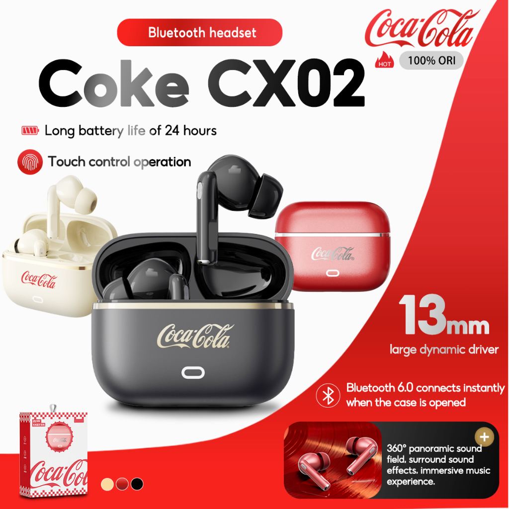 หูฟัง Coca-Cola CX02 ในหู Bluetooth 6.0 เสียงรอบทิศทางพร้อมไมโครโฟน