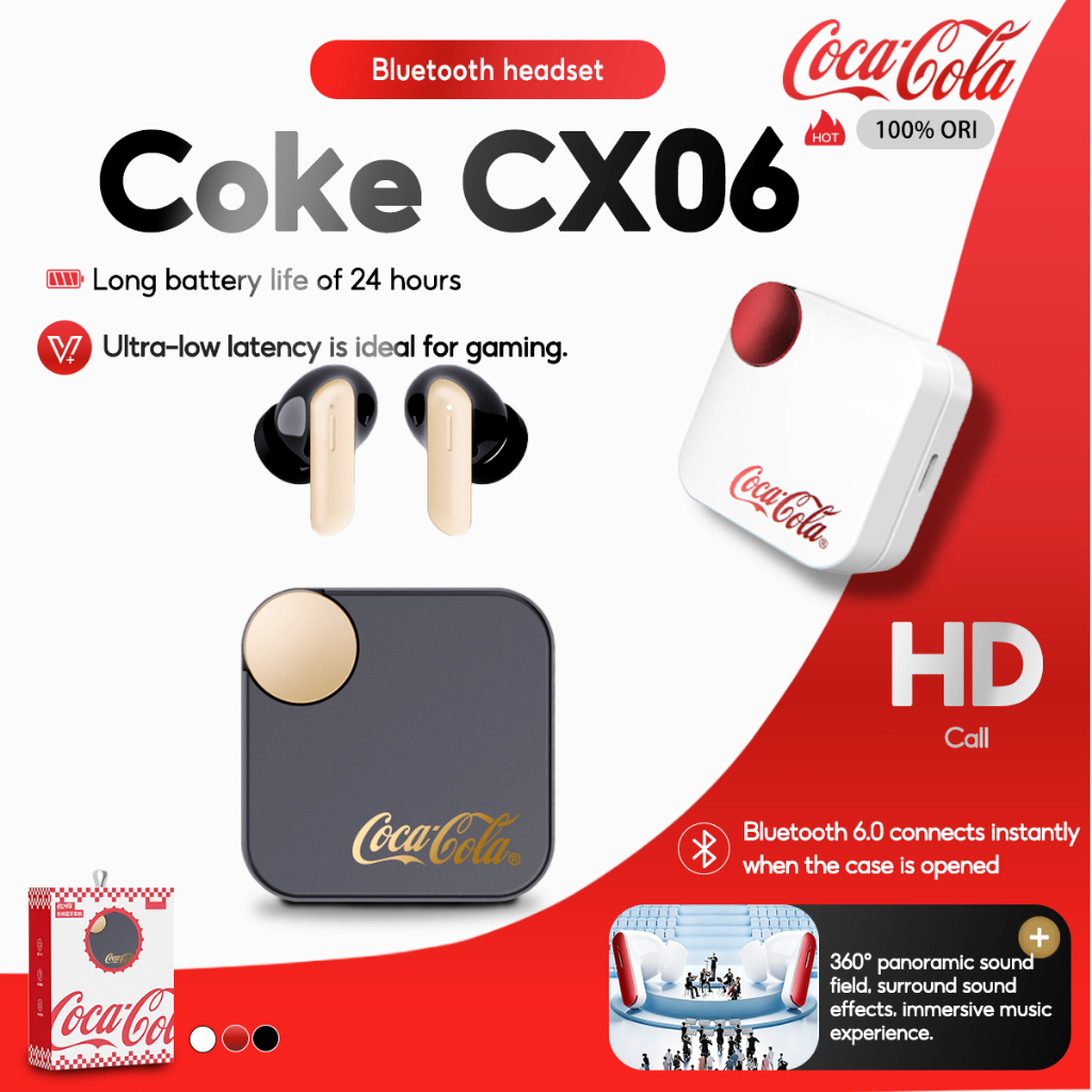 Coca-Cola CX06 TWS หูฟังไร้สายบลูทูธ 5.4 Hi-Fi หูฟังสเตอริโอหน่วยเคลือบไทเทเนียม ENC ตัดเสียงรบกวน 15H อายุการใช้งานแบตเตอรี่หูฟัง Latency ต่ําสําหรับ Android/iOS