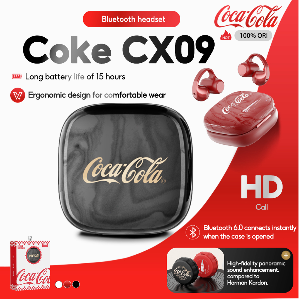 หูฟัง Coca-Cola CX09 ClipOn หูฟังไร้สาย True Bluetooth กลางแจ้ง 6.0 พร้อมไมโครโฟน