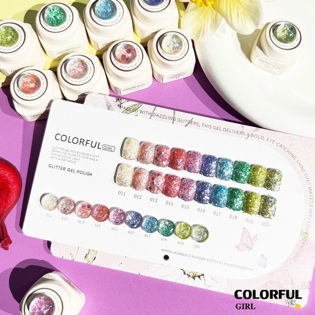 【พร้อมส่ง】COLORFUL GIRL สีเจล 10 สี ✨ กลิตเตอร์แบบกระปุกเนื้อเข้มข้น |ฟรีชาร์ทสี (แถมชาร์ทสี ทามาให้แล้ว พร้อมใช้งาน