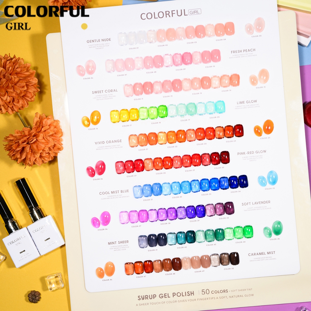 🔥 สินค้าขายดี |【พร้อมส่ง】COLORFUL GIRL สีเจล 50 สี ✨ สี เซตเจลไซรัป  ครบชุด สำหรับเปิดร้าน✨สีลูกกวาด สีเจลไซรัป โทนชมพู Ice Peach (ทามาให้แล้ว พร้อมใช้งาน)