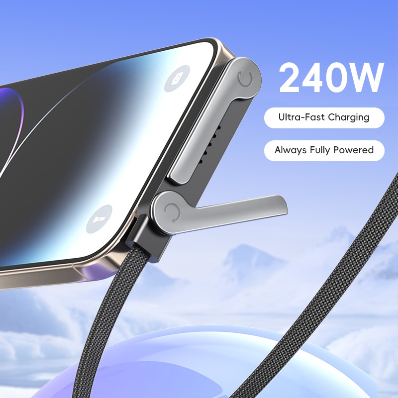 สาย Type-c ชาร์จเร็ว 2-in-1 240W พร้อมขาตั้งแบบพับได้ – 90° ข้องอสําหรับเล่นเกมและงาน ราคา ถูกที่สุด ดีลบีเคเค แกลเลอรีภาพที่ 2