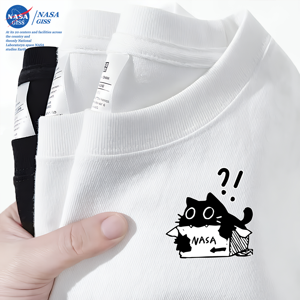 NASA เสื้อยืดชายหญิงแขนสั้น สไตล์ลำลอง summer แมวเครื่องหมายคำถาม พิมพ์ลาย คอตตอน คอกลม หลวมและระบายอากาศ