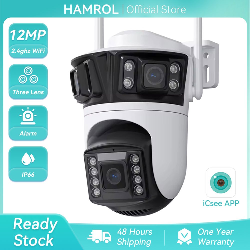 Hamrol 12MP Three Lens Three Screen PTZ WIFI Camera  Home Wireless 8MP Outdoor Waterproof  CCTV