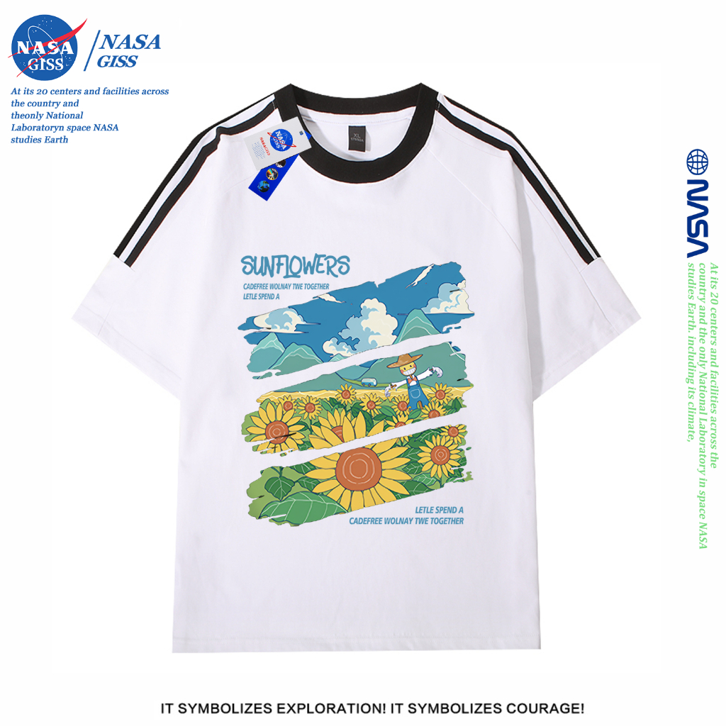 NASA เสื้อยืดสามแถบชายหญิง oversize แขนสั้น สไตล์ลำลอง summer ดอกทานตะวัน คอตตอน100% คอกลม หลวมและระบายอากาศ