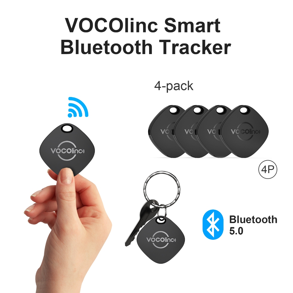 VOCOlinc แท็กตัวติดตามอากาศ 4 แพ็คสีดํา, ตัวค้นหากุญแจอัจฉริยะ (เฉพาะ iOS, ไม่ใช่สําหรับ Android), ตัวระบุตําแหน่งรายการ