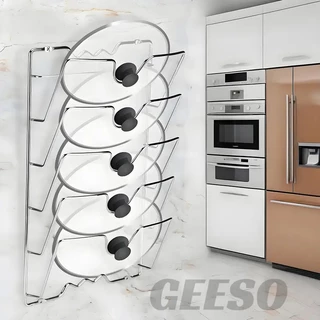 GEESO ชั้นวางฝาหม้อ แบบติดผนัง อเนกประสงค์ สําหรับห้องครัว Kitchen Wall Hanging Organizer Rack Five-Layer Pot Lid Holder Metal Rust-proof 锅盖收纳架