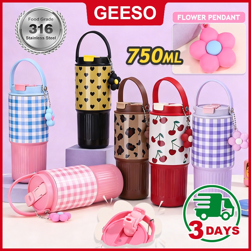 GEESO Tumbler 750ML / 25OZ Hot & Cold 316 Stainless Steel Water Bottle with Handle & Straw 手提吸管杯