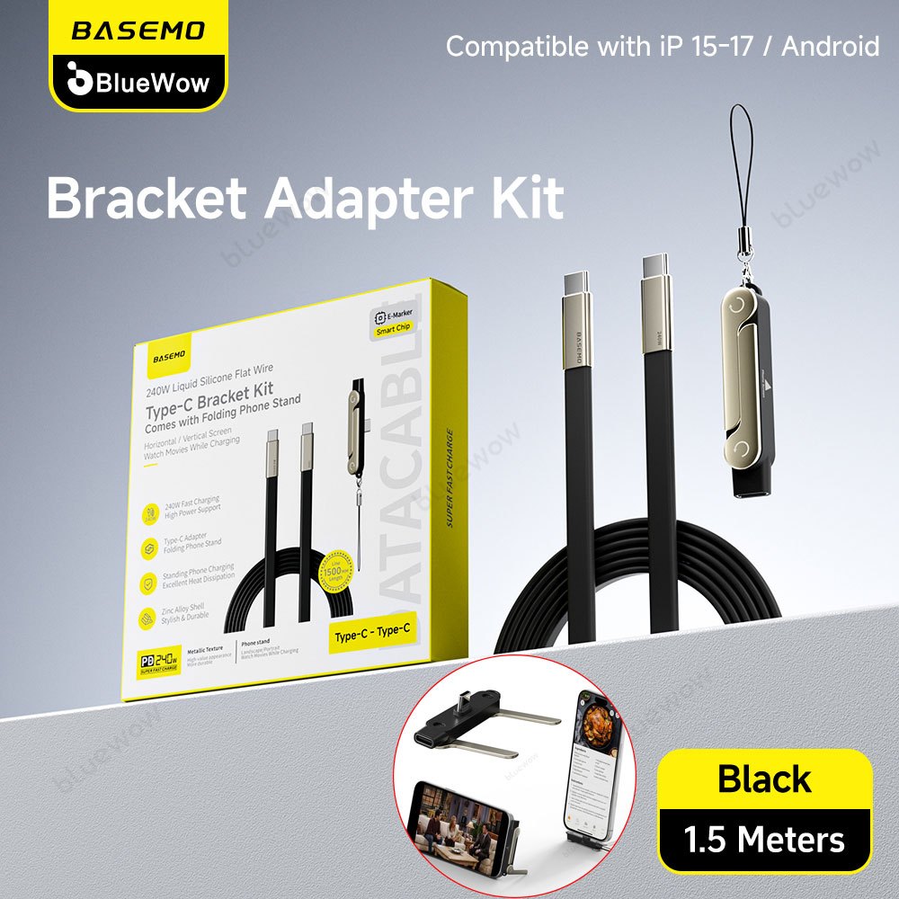BlueWow Invisible Holder Charger Cable พร้อมขาตั้ง, 240W Angled Fast Charging Data Cable 2-in-1 & Phone Stand For Gaming, Office, Car Travel, ใช้งานร่วมกับสายชาร์จ Type-C