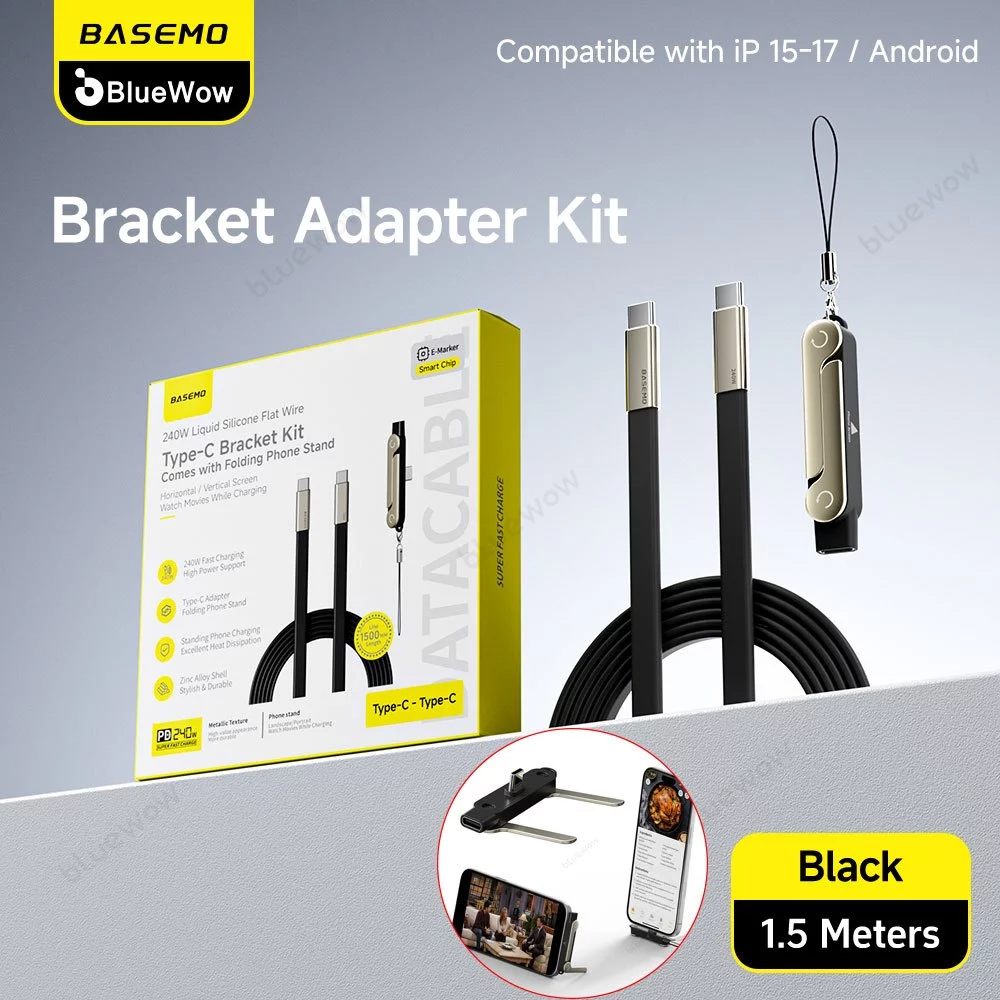 BlueWow Invisible Holder Charger Cable พร้อมขาตั้ง, 240W Angled Fast Charging Data Cable 2-in-1 & Phone Stand For Gaming, Office, Car Travel, ใช้งานร่วมกับสายชาร์จ Type-C
