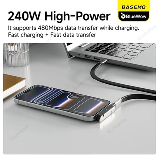 BlueWow Invisible Holder Charger Cable พร้อมขาตั้ง, 240W Angled Fast Charging Data Cable 2-in-1 & Phone Stand For Gaming, Office, Car Travel, ใช้งานร่วมกับสายชาร์จ Type-C