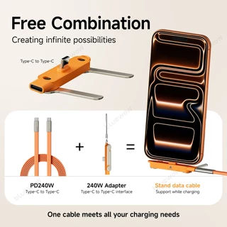 BlueWow Invisible Holder Charger Cable พร้อมขาตั้ง, 240W Angled Fast Charging Data Cable 2-in-1 & Phone Stand For Gaming, Office, Car Travel, ใช้งานร่วมกับสายชาร์จ Type-C