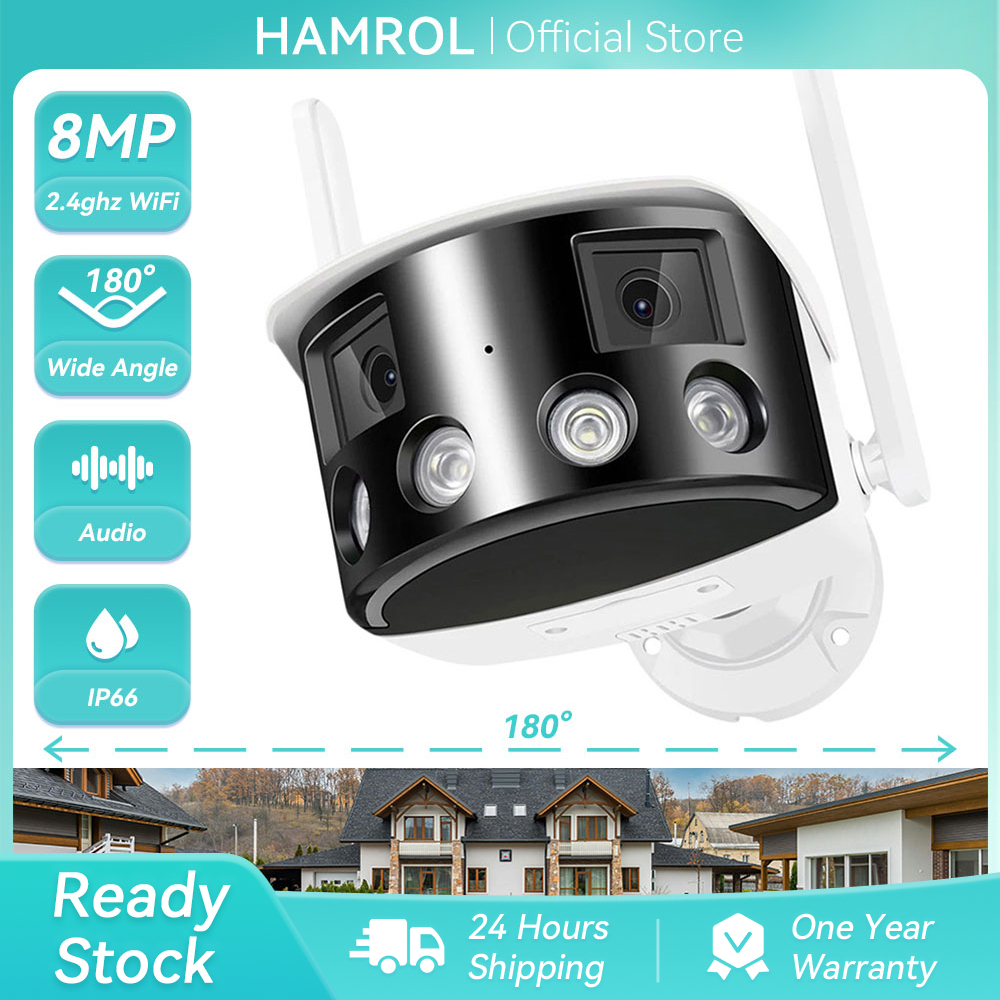 Hamrol 4K 8MP 180 ° Ultra-Wide Angle Dual-Lens Outdoor WIFI Camera Two-Way Voice Security CCTV