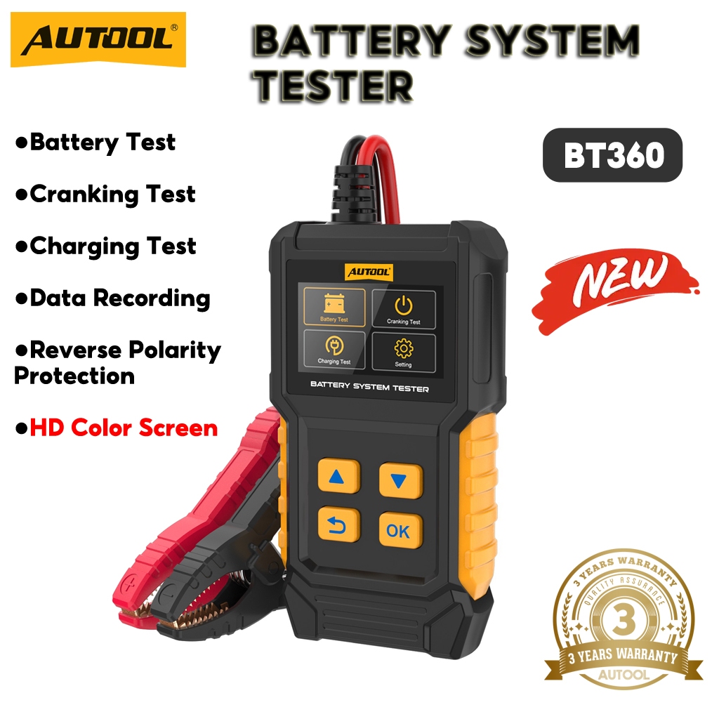 AUTOOL BT360 12V เครื่องทดสอบแบตเตอรี่รถยนต์ CCA 20-2000 การวินิจฉัยยานยนต์แบบดิจิตอลเครื่องมือสแกนก