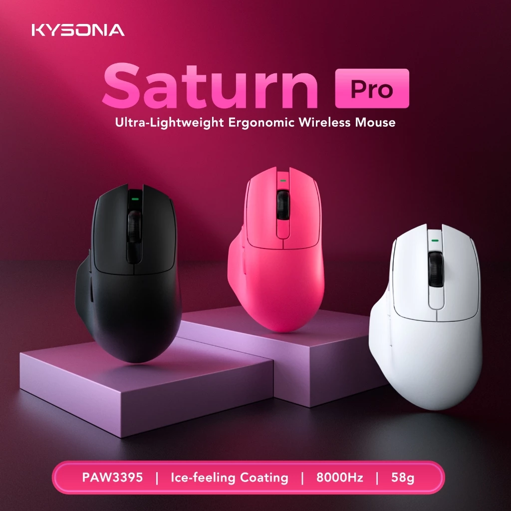 KYSONA Saturn Pro PAW3395 8K 58g 26000DPI น้ําหนักเบา Ergonomic Wireless Gaming Mouse PAW3311 เมาส์ Tri-mode แบบมีสาย 2.4g ไร้สายบลูทูธ 1K Polling Rate