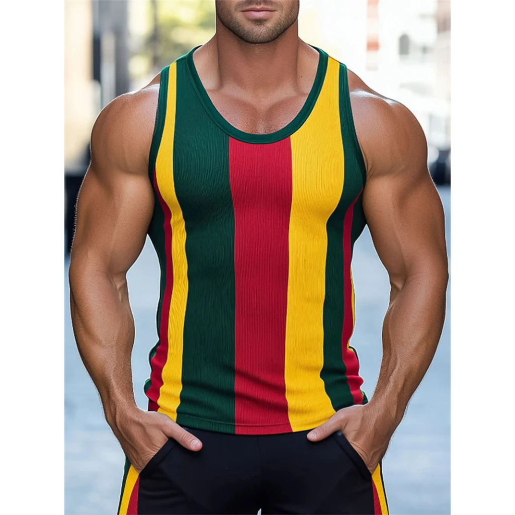 เสื้อ-tank tops ลายเส้นแนวนอนแนวกราฟิก สําหรับผู้ชาย คอรอบคอดีไซน์ 3D ใส่ได้หลายโอกาส ในสไตล์ลำลองสำหรับหนุ่มๆ