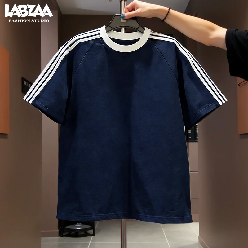 【จัดส่งจากกรุงเทพฯ】LABZAA เสื้อยืดแขนสั้นคอกลม🔥วินเทจฟอกน้ำ Oversized สามแถบ ระบายอากาศ ผ้าฝ้าย 100% YG0