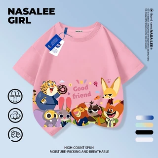 【จัดส่งวันเดียวกัน】เสื้อยืดผ้าฝ้ายเด็ก NASA สีน้ำเงินกรมท่า ลวดลายกระต่ายและหมาจิ้งจอก อายุ 3-16 ปี เสื้อยืดแขนสั้นสไตล์แคชวลสำหรับเด็กชายเด็กหญิง