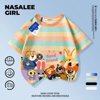 【จัดส่งวันเดียวกัน】เสื้อยืดผ้าฝ้ายเด็ก NASA สีน้ำเงินกรมท่า ลวดลายกระต่ายและหมาจิ้งจอก อายุ 3-16 ปี เสื้อยืดแขนสั้นสไตล์แคชวลสำหรับเด็กชายเด็กหญิง