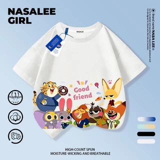 【จัดส่งวันเดียวกัน】เสื้อยืดผ้าฝ้ายเด็ก NASA สีน้ำเงินกรมท่า ลวดลายกระต่ายและหมาจิ้งจอก อายุ 3-16 ปี เสื้อยืดแขนสั้นสไตล์แคชวลสำหรับเด็กชายเด็กหญิง