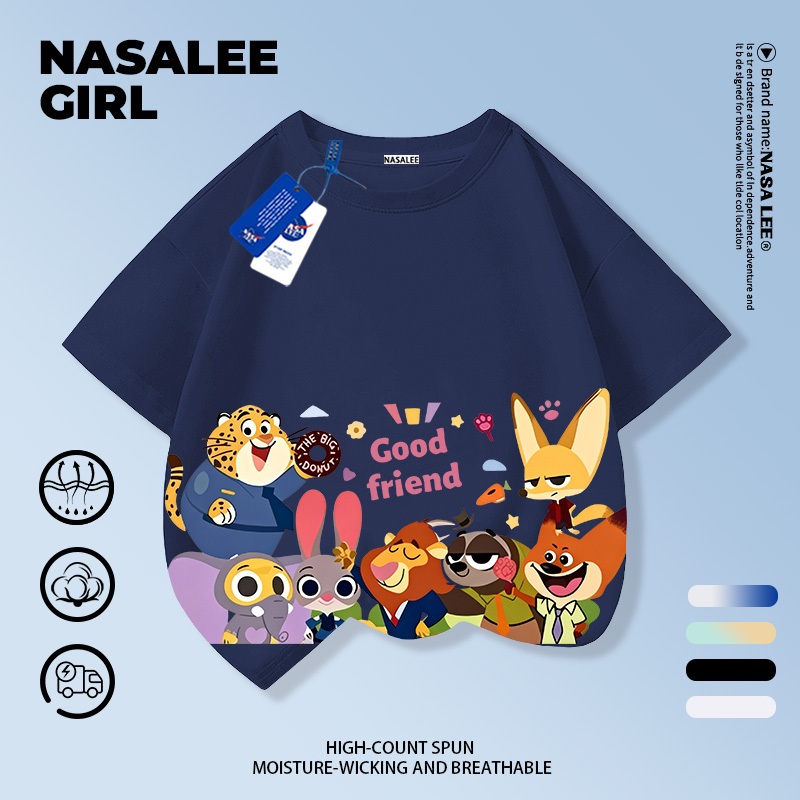 【จัดส่งวันเดียวกัน】เสื้อยืดผ้าฝ้ายเด็ก NASA สีน้ำเงินกรมท่า ลวดลายกระต่ายและหมาจิ้งจอก อายุ 3-16 ปี เสื้อยืดแขนสั้นสไตล์แคชวลสำหรับเด็กชายเด็กหญิง