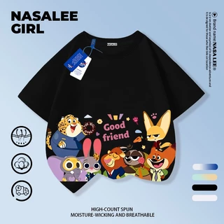 【จัดส่งวันเดียวกัน】เสื้อยืดผ้าฝ้ายเด็ก NASA สีน้ำเงินกรมท่า ลวดลายกระต่ายและหมาจิ้งจอก อายุ 3-16 ปี เสื้อยืดแขนสั้นสไตล์แคชวลสำหรับเด็กชายเด็กหญิง