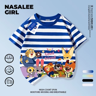 【จัดส่งวันเดียวกัน】เสื้อยืดผ้าฝ้ายเด็ก NASA สีน้ำเงินกรมท่า ลวดลายกระต่ายและหมาจิ้งจอก อายุ 3-16 ปี เสื้อยืดแขนสั้นสไตล์แคชวลสำหรับเด็กชายเด็กหญิง