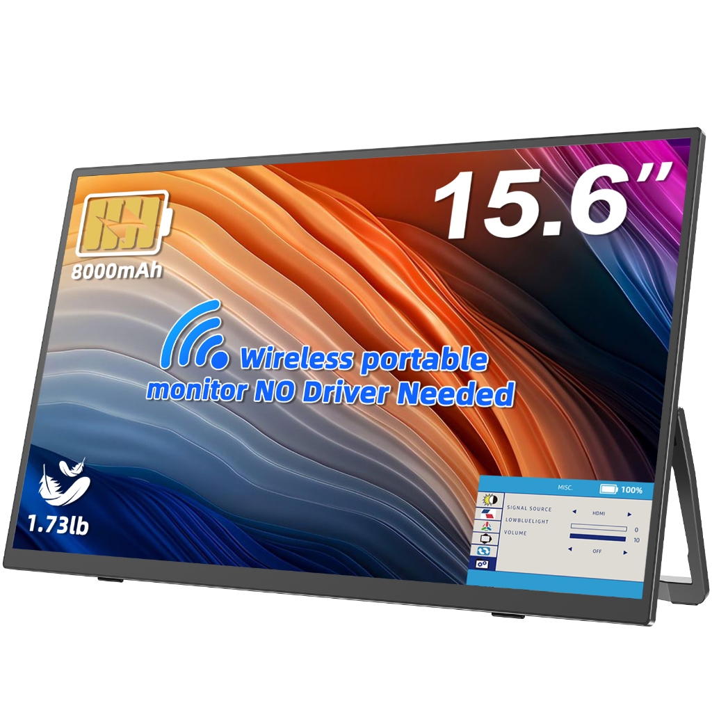 UPERFECT จอภาพแบบพกพาไร้สายขนาด 15.6 นิ้วพร้อมแบตเตอรี่ 8000mAh ในตัว 1080P 60Hz USB-C HDMI Bluetoot