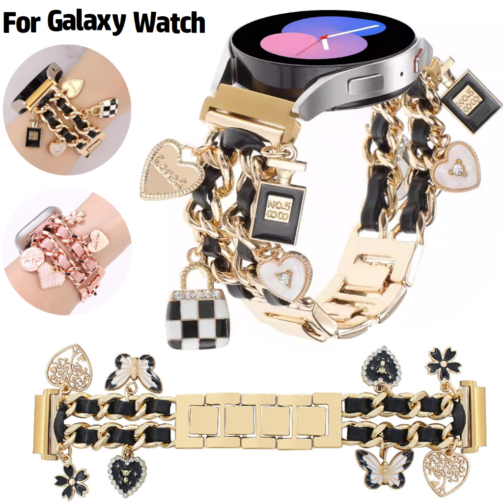 Chain Leather Pendant Strap For Galaxy watch 8 สาย Adjustable Galaxy watch 7 สาย Galaxy watch 6 Strap สาย Galaxy watch 5 / Galaxy watch 4 สาย Galaxy watch 3 Gold Galaxy Watch 7 Ultra Strap Metal สาย Galaxy watch Ultra Strap สาย Galaxy watch 8 Strap