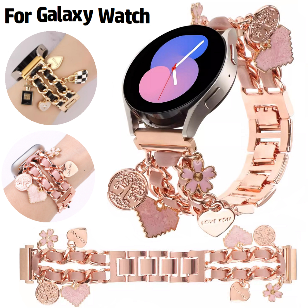Chain Leather Pendant For สาย Galaxy watch 9 Strap Adjustable สาย Galaxy watch 8 Strap Galaxy watch 7 สาย Bling Galaxy watch 6 Strap / Galaxy watch 9 สาย Galaxy watch 4 / Galaxy watch Ultra 2 Strap Chain Metal Galaxy watch Ultra Strap
