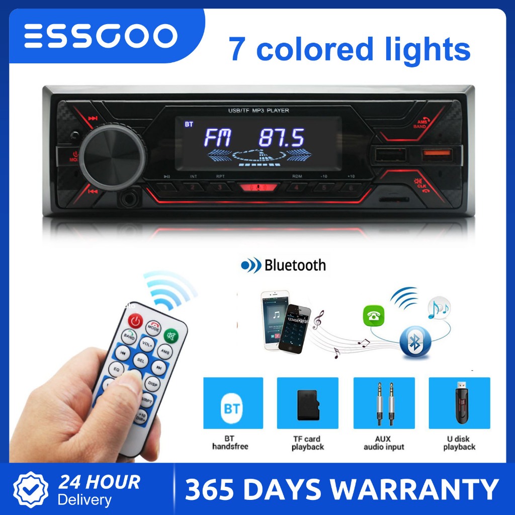 ESSGOO เครื่องเสียงรถยนต์แบบ 1 Din / บลูทูธ / ชาร์จเร็วผ่าน USB / กำลังขับสูง / วิทยุ FM และเล่นเพลง / อินเตอร์เฟส USB / รีโมทคอนโทรล / ไฟ LED 7 สี / รับประกัน 1 ปี