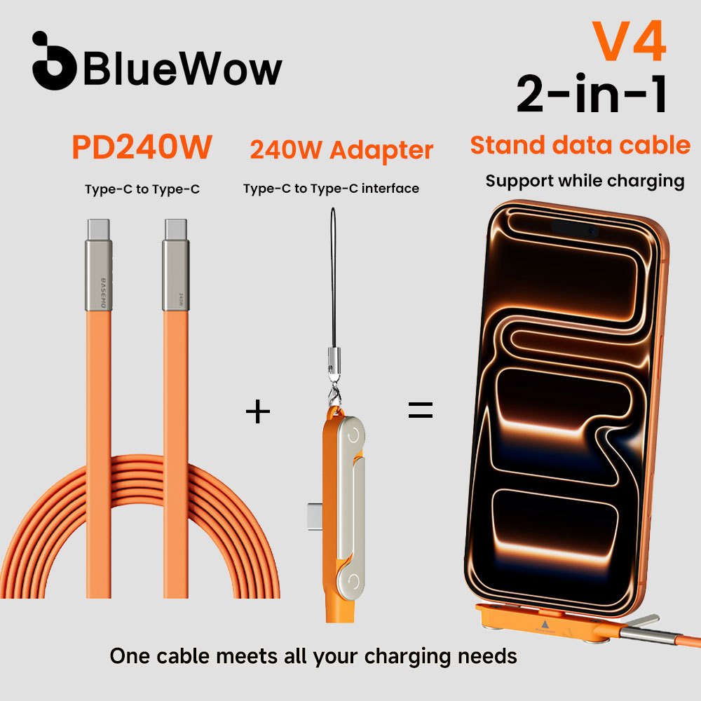 Upgrade 2-in-1BlueWow 240W Type-C Angled Stand Data Cable 1.5m | 90° สายเกมส์ข้อศอก | ชาร์จเร็วและขาตั้งโทรศัพท์แบบพับได้ที่มองไม่เห็น