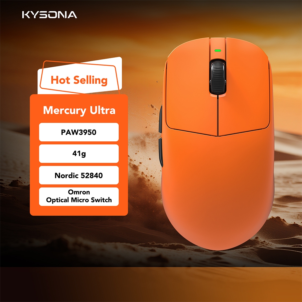 KYSONA Mercury Ultra PAW3950 เมาส์สําหรับเล่นเกมไร้สาย 41g น้ําหนักเบาเป็นพิเศษ Dual-8K PAW3395 เซ็น