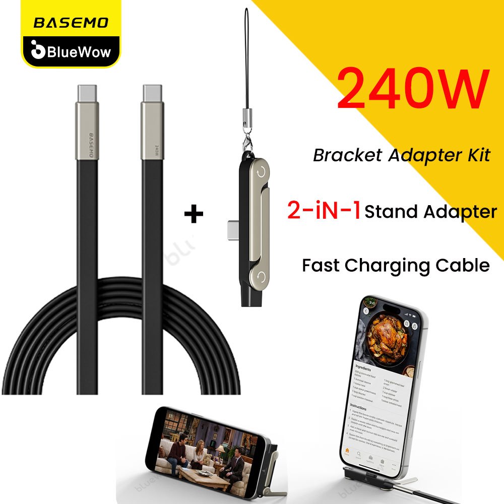 Upgrade 2-in-1BlueWow 240W Type-C มุมซิลิโคนเหลวขาตั้งสายเคเบิลข้อมูล 1.5 ม. | 90° สายเกมส์ข้อศอก | Fast Charging & Invisible Holder สายชาร์จพร้อมขาตั้ง