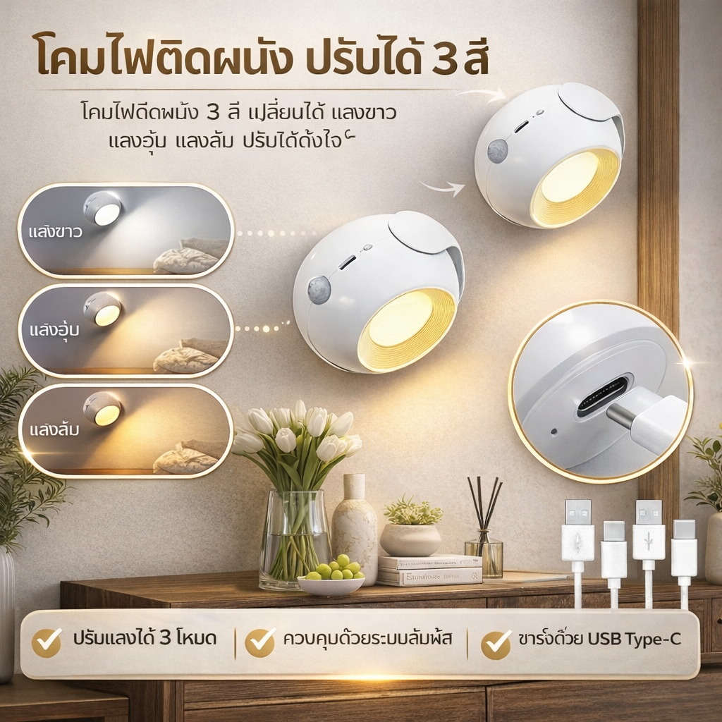 Led Motion Sensor โคมไฟติดผนัง Touch 360 หมุนได้ USB ชาร์จไร้สายแบบพกพา Night Light สําหรับห้องนอนโคมไฟอ่านหนังสือ