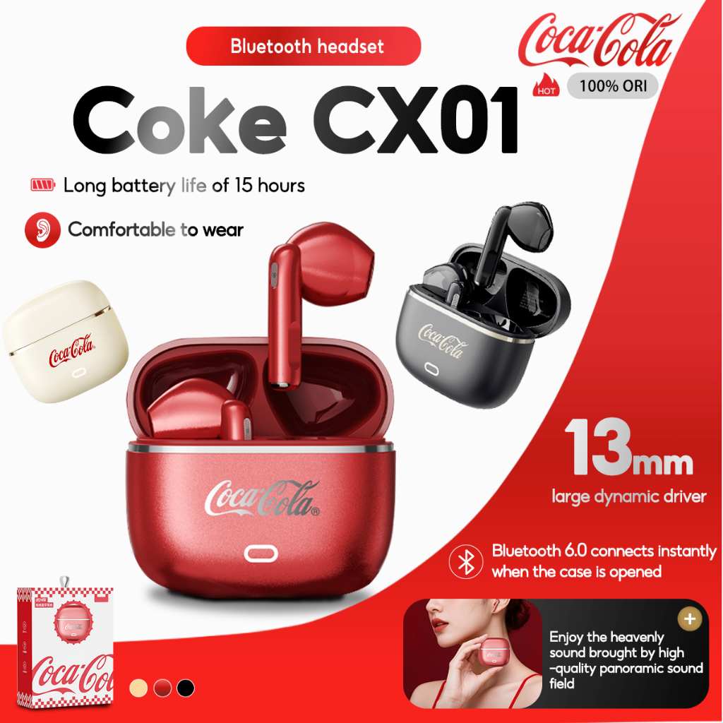 หูฟัง Coca-Cola CX01 หูฟังชนิดใส่ในหู Bluetooth 6.0 เสียงรอบทิศทางพร้อมไมโครโฟน