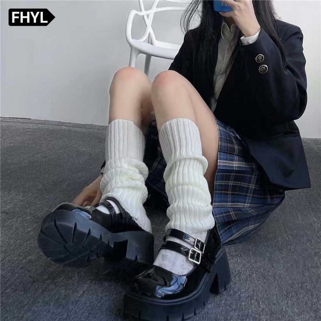 FHYL ถุงเท้าถักสไตล์ Y2K สีทึบ แบบ Korean Warm-Up สำหรับฤดูหนาว ให้ความอบอุ่นและสวมใส่ง่าย