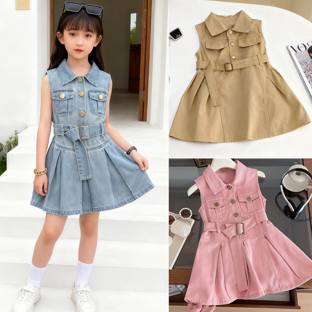 ชุดเดรสคอปกสำหรับเด็กผู้หญิง สไตล์เกาหลีใหม่ ชุดคริสต์มาสไม่มีแขน ชุดโปโลสำหรับเด็กผู้หญิงอายุ 3-10 ปี