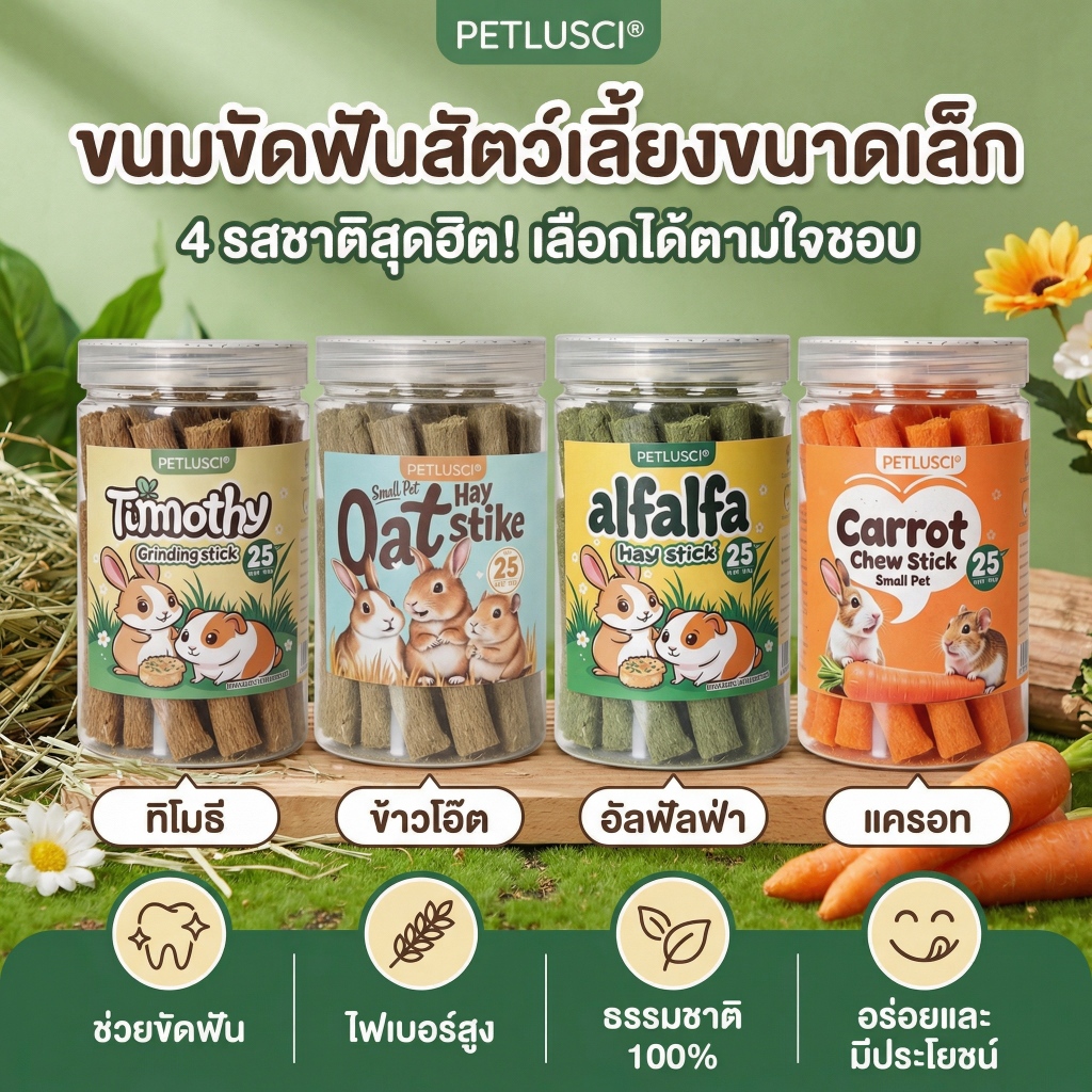 PETLUSCI หญ้าอัดแท่ง ทิโมธี โอ๊ต อัลฟัลฟ่า แครอท สำหรับลับฟัน กระต่าย แฮมเตอร์ หนูแกสบี้ สัตว์ฟันแทะ