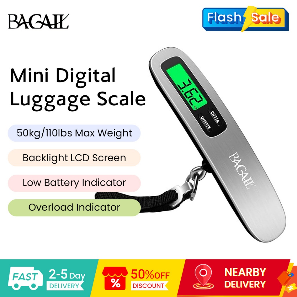 BAGAIL เครื่องชั่งกระเป๋าเดินทางดิจิตอล 50 กก. เครื่องชั่งกระเป๋าแบบแขวน จอแสดงผล LCD เรืองแสง เครื่องชั่งน้ําหนักแบบพกพา