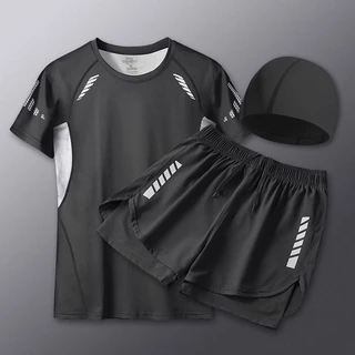 ชุดว่ายน้ำผู้ชายพรีเมียม ยืดหยุ่น แห้งเร็ว ป้องกันความอับอาย: เสื้อผ้าว่ายน้ำ กางเกงบอร์ดชอร์ต หมวก และแว่นตา