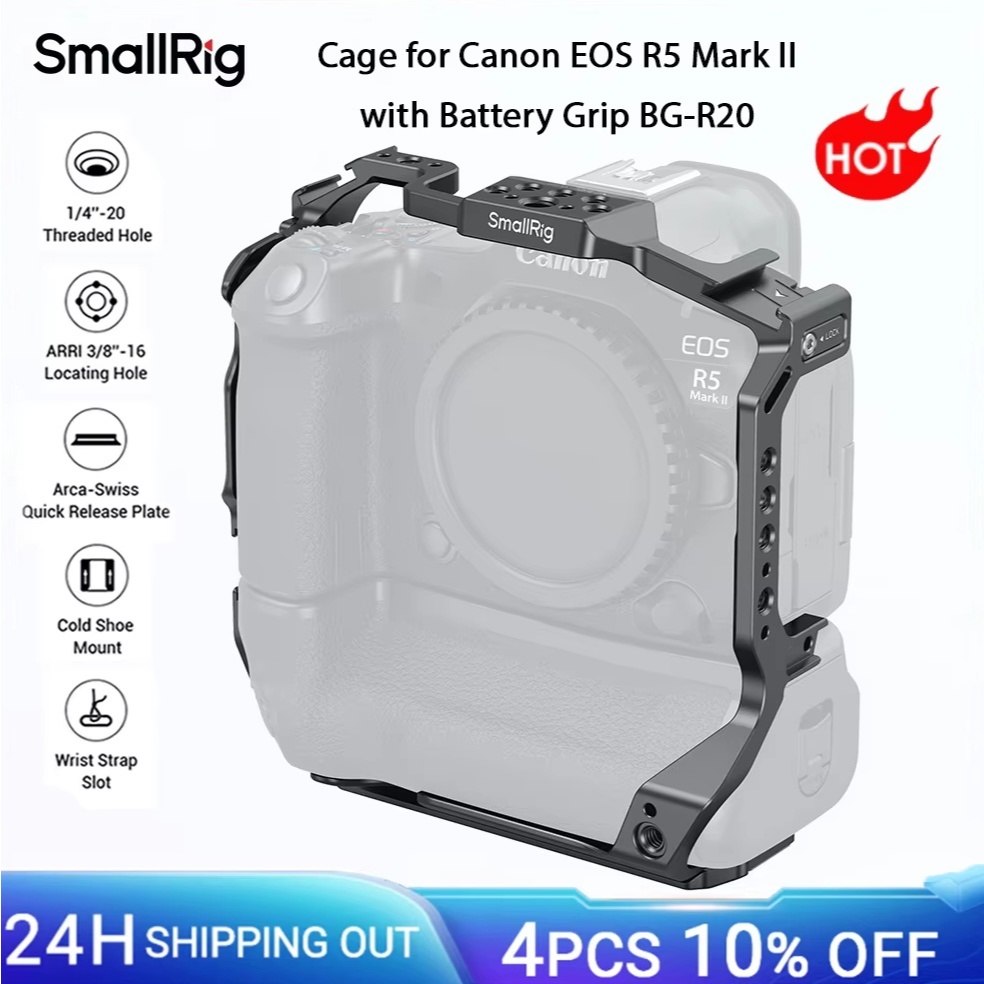 SmallRig R5 Mark II กล้องกรงสําหรับ Canon EOS R5 Mark II พร้อมแบตเตอรี่ Grip BG-R20 ในตัว Arca-Swiss