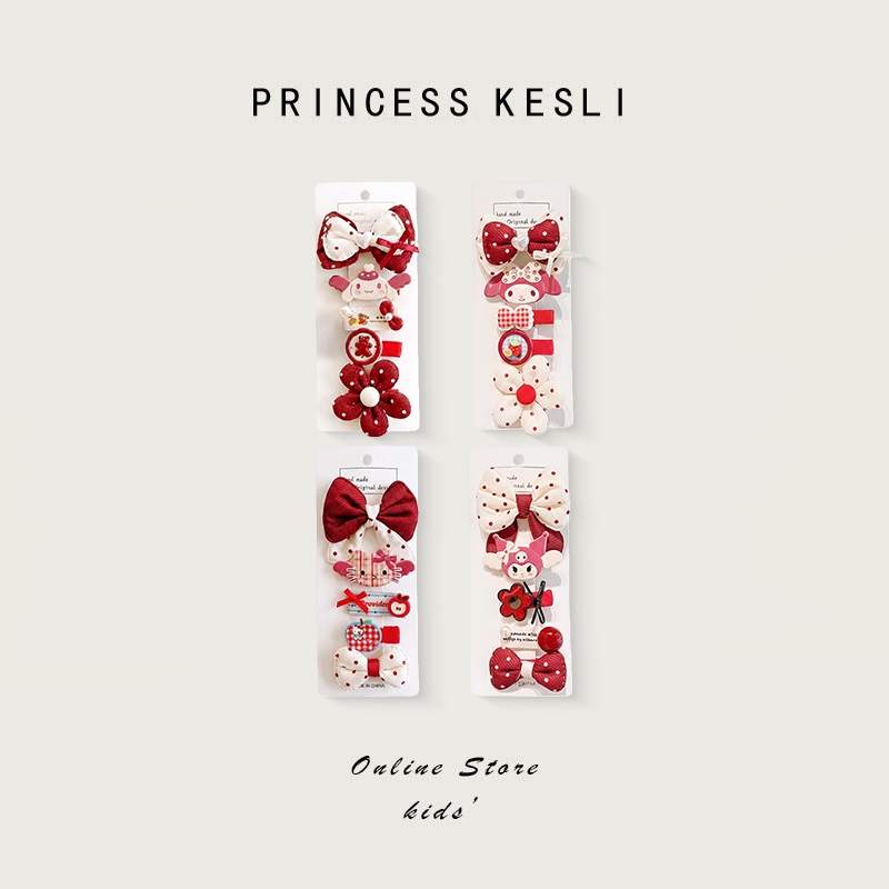 Princess Kesli 5ชิ้ กิ๊บติดผมสีแดงสไตล์โมเดิร์นสำหรับงานปีใหม่ เครื่องประดับผมน่ารักสำหรับสาวน้อย กิ๊บติดผมลายจุดสีแดงแบบมีโบว์ที่ศีรษะสไตล์เรโทรสุดน่ารัก