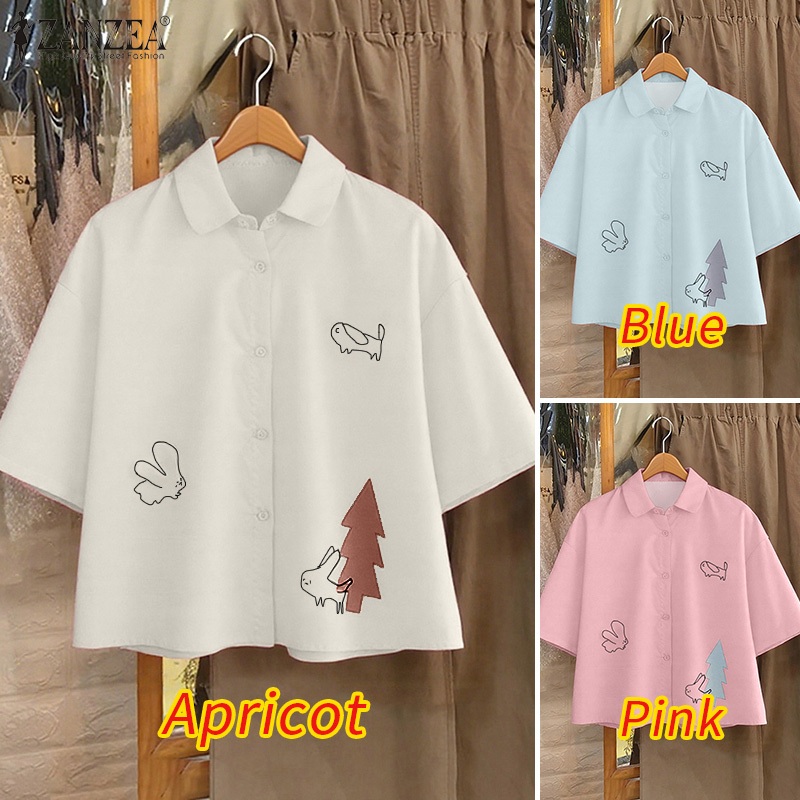 ZANZEA ซานเซีย เสื้อเชิ๊ตแขนสั้นผู้หญิง สไตล์เกาหลี ลายพิมพ์สนุกๆ ใส่ได้ทุกวัน ราคา ถูกที่สุด ดีลบีเคเค แกลเลอรีภาพที่ 3