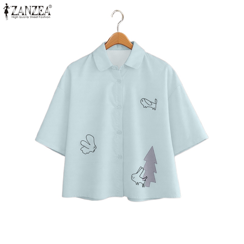 ZANZEA ซานเซีย เสื้อเชิ๊ตแขนสั้นผู้หญิง สไตล์เกาหลี ลายพิมพ์สนุกๆ ใส่ได้ทุกวัน ราคา ถูกที่สุด ดีลบีเคเค