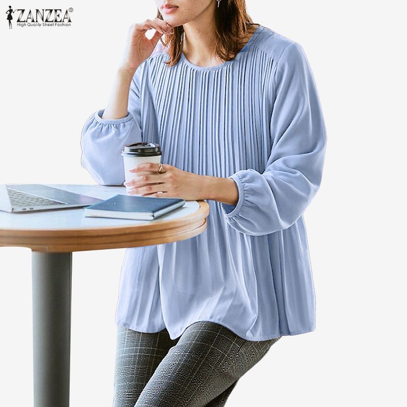 ZANZEA ผู้หญิงเกาหลีฤดูใบไม้ร่วงสไตล์รอบคอแขนโคมไฟจีบหลวม A-Swing Blouses