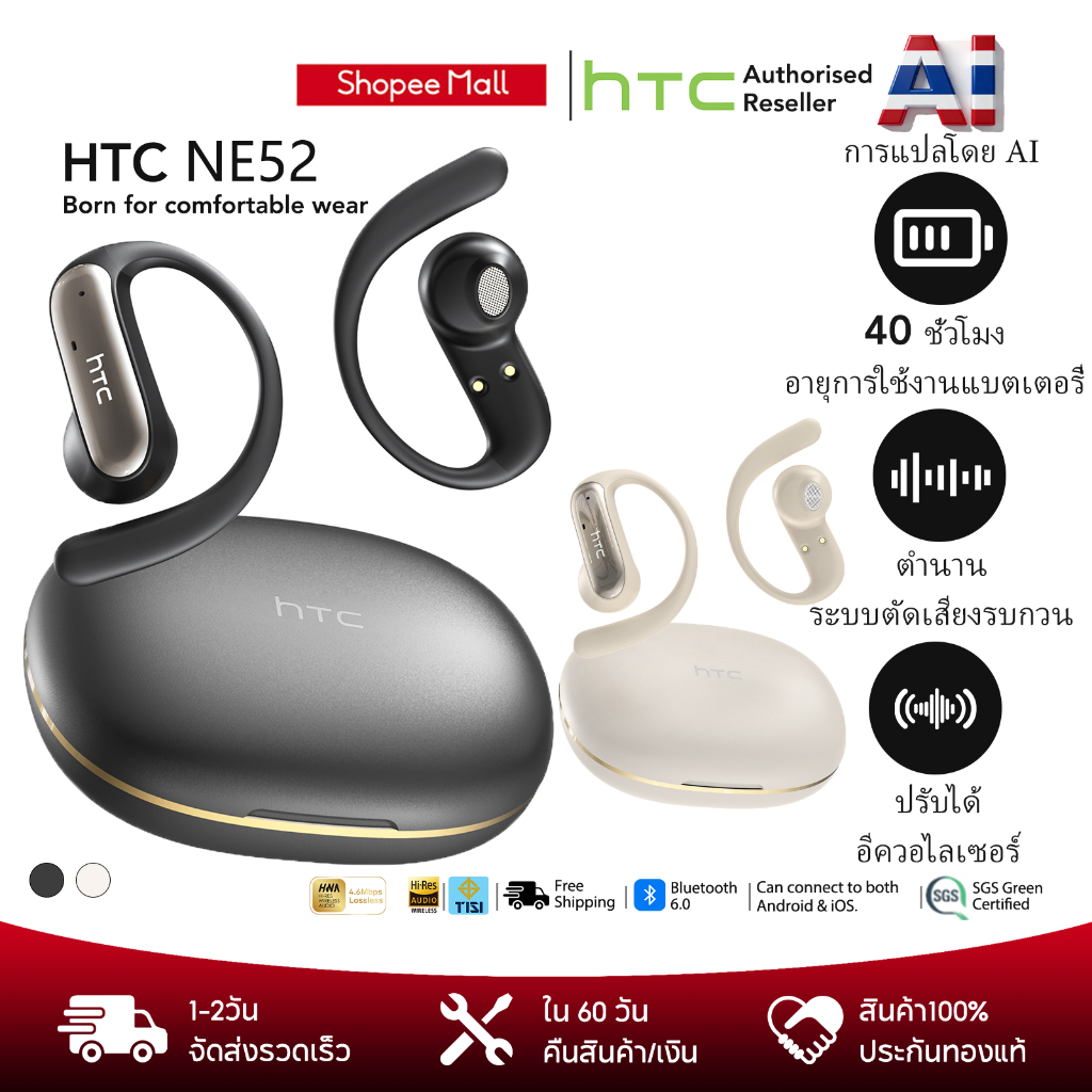 HTC NE52 AI Translator Earbuds หูฟังบลูทูธพร้อมลดเสียงรบกวนการโทร AI 4-micron, อายุการใช้งานแบตเตอรี